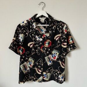 Vintage 100% Silk Nautical Print Button Down Shirt Black Casual Corner L